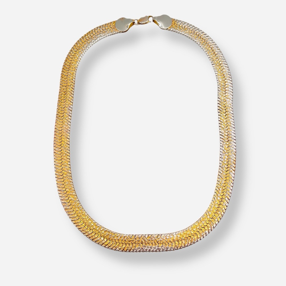 Vintage Gold Tone Herringbone Necklace Cobblestone Reversible Wide 11mm 17.75"